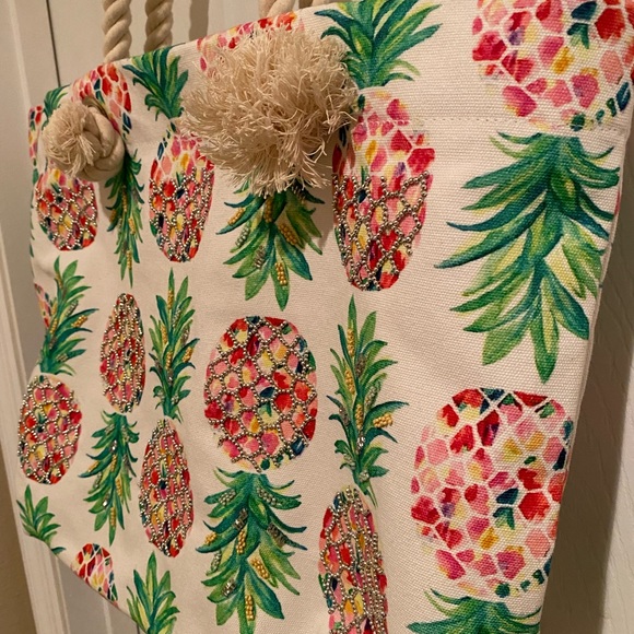 Pineapple Tote, Large Pineapple Beaded Canvas Tote With Large Rope Handles - Picture 8 of 16